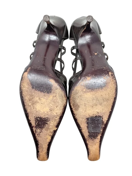 Prada Vintage Cutout Lattice Bondage Pointed Toe Kitten Heel Pump Brown 38.5 | 8 - Picture 11 of 12